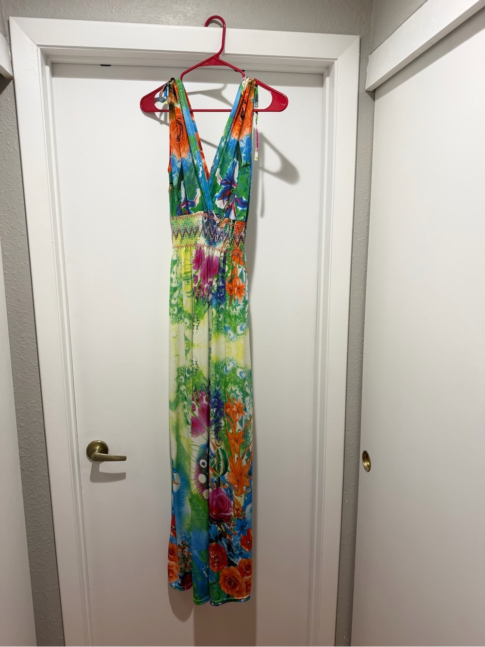 Papaya Vibrant Floral V-Neck Maxi Dress in Green, Blue & Orange